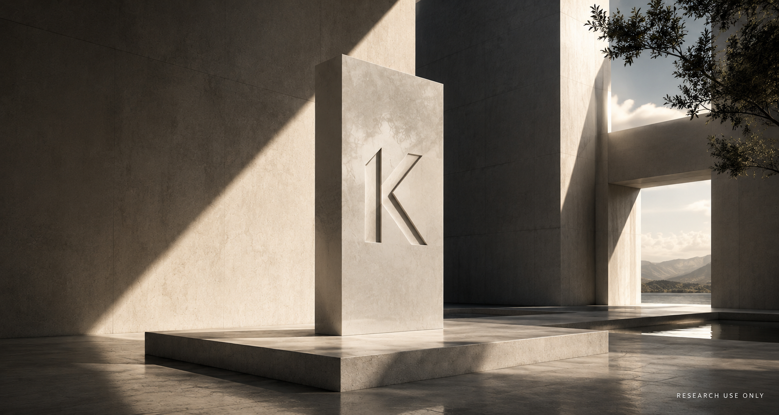 A stone monolith carved with the KOVA mark, in a courtyard