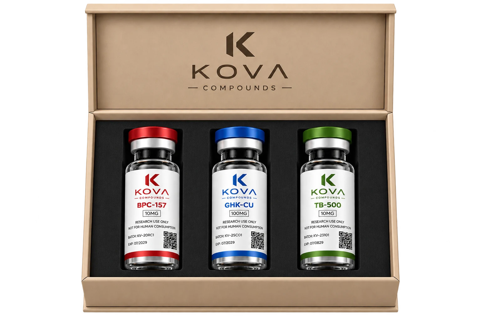 A KOVA Compounds presentation box holding three labelled vials: BPC-157, GHK-CU and TB-500, each showing a batch code and QR code